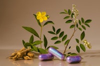 a group of pills and flowers on a brown background